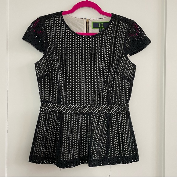 Black & White C Wonder Peplum Crochet Layer Top, 6 - Picture 1 of 8